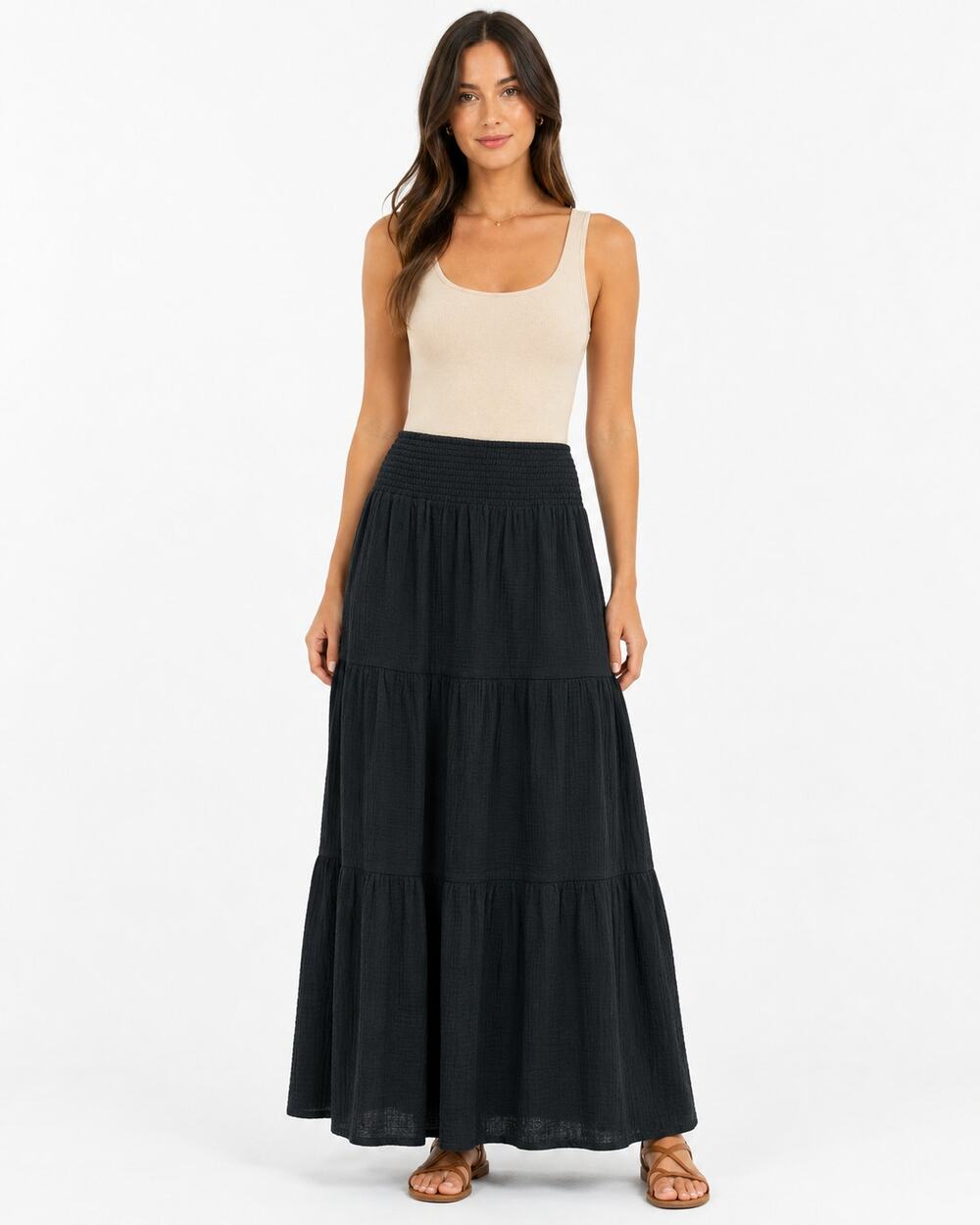 Marine Layer Tiered Maxi Skirt Size S Black Pockets Elastic Waist New